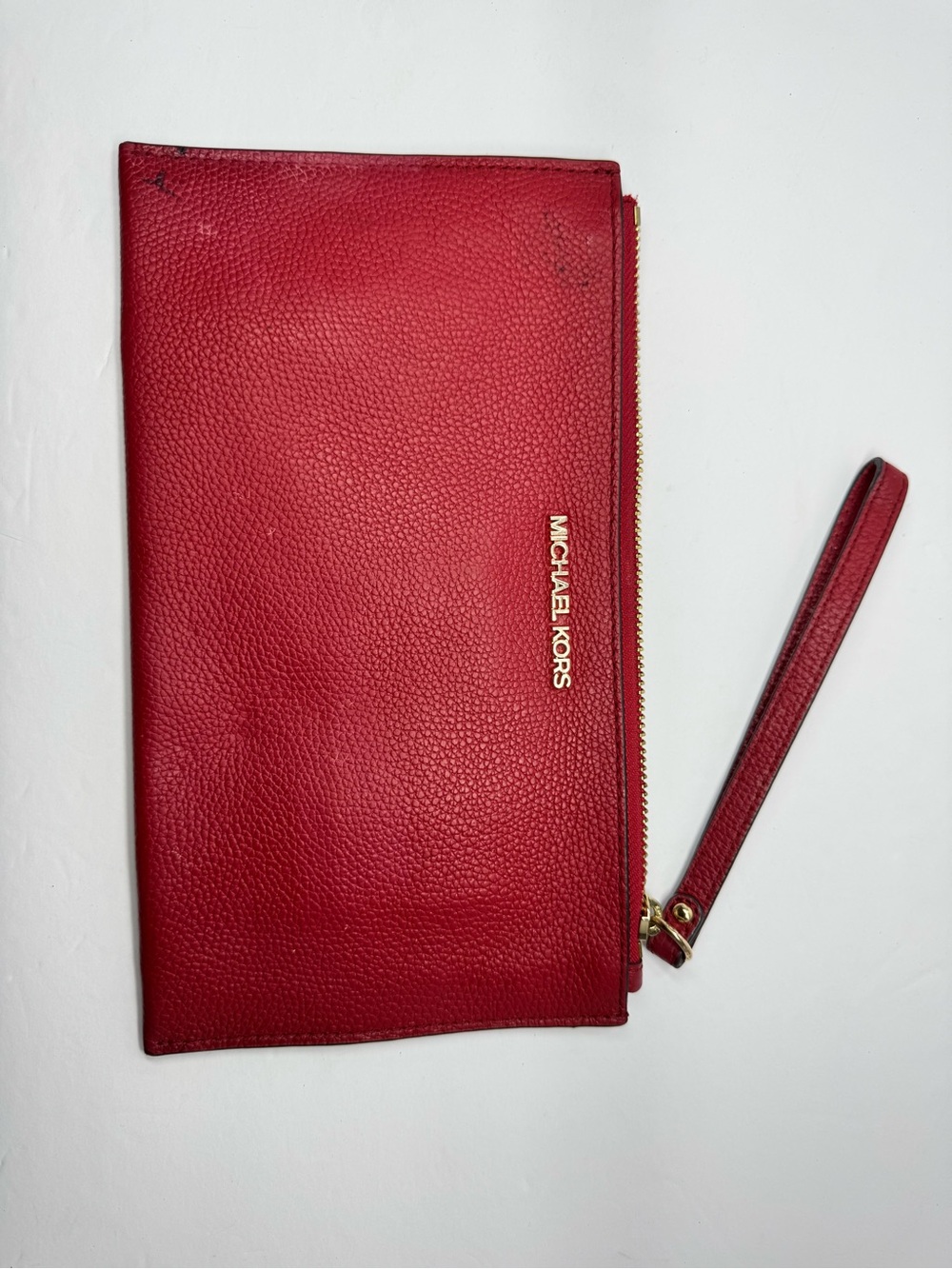 Michael Kors Red Pebbled Leather Wristlet Clutch with Gold Logo